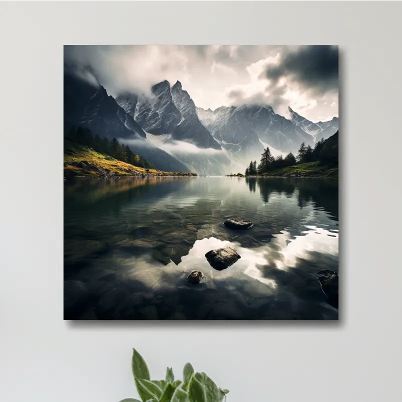 Photographic art, dramatic clouds over an alpine lake