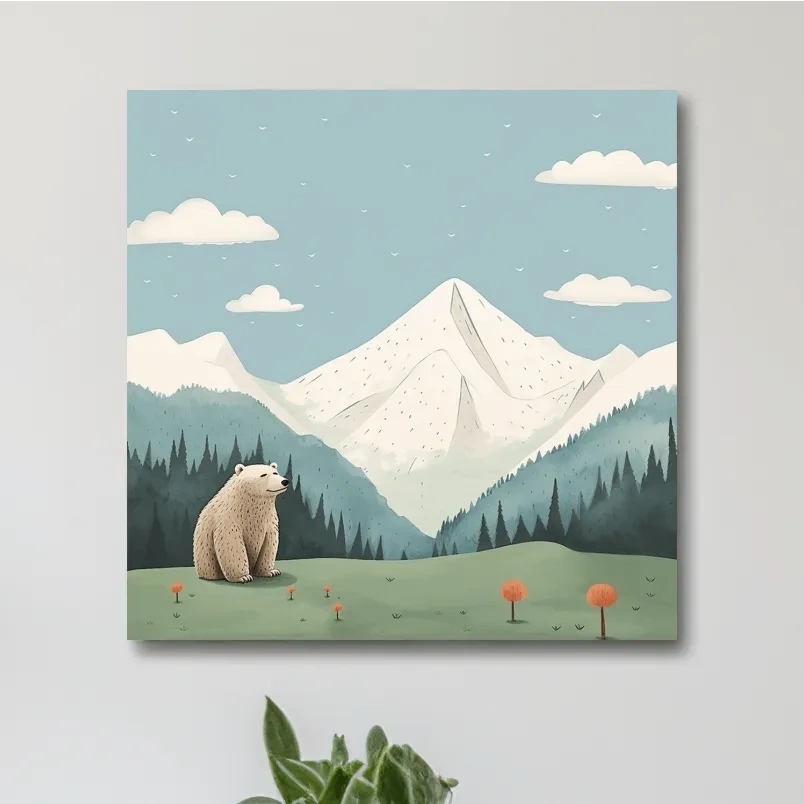 Illustration of a happy bear sitting in the alpine