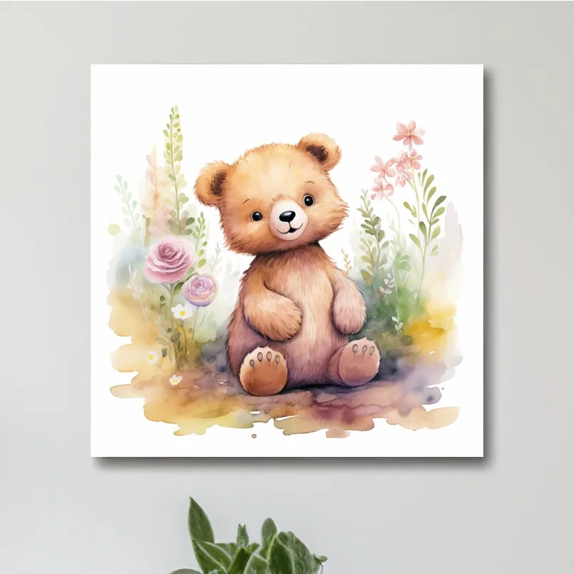 Nursery art, watercolor painting of a cute baby bear