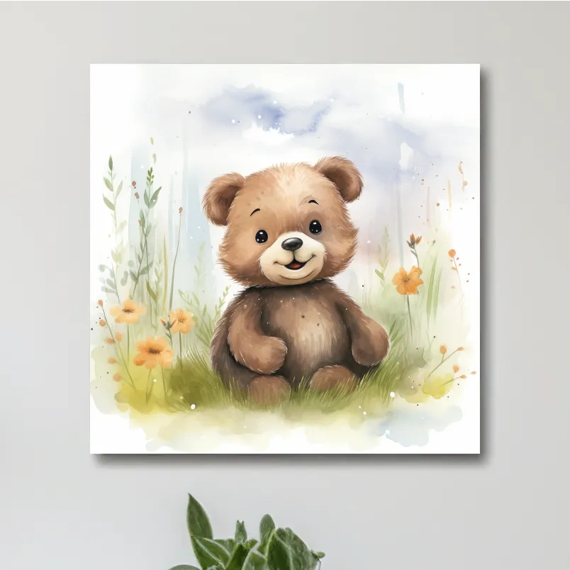 Nursery illustration, watercolor painting of a cute happy bear cub