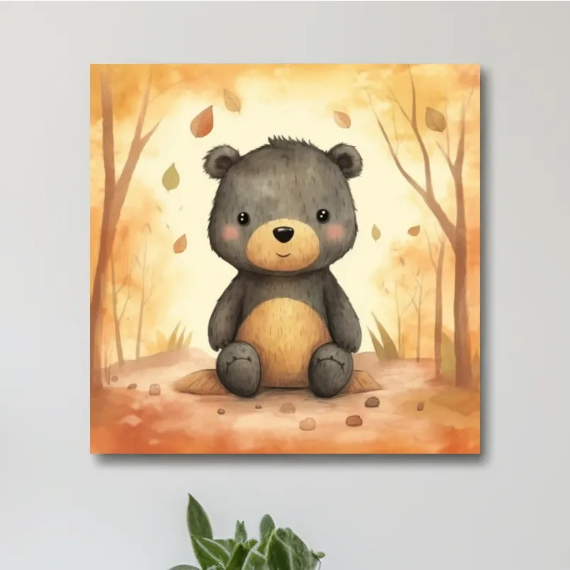 An illustration of a cute bear sitting in the forest, childrens art