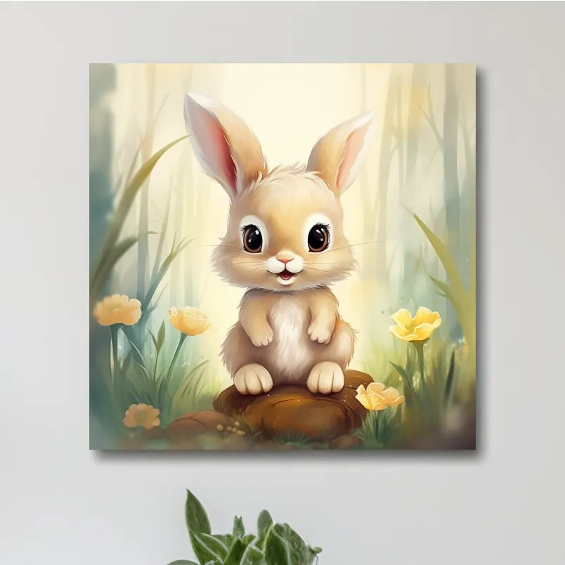 Nursery art - illustration of a cute bunny rabbit in the forest