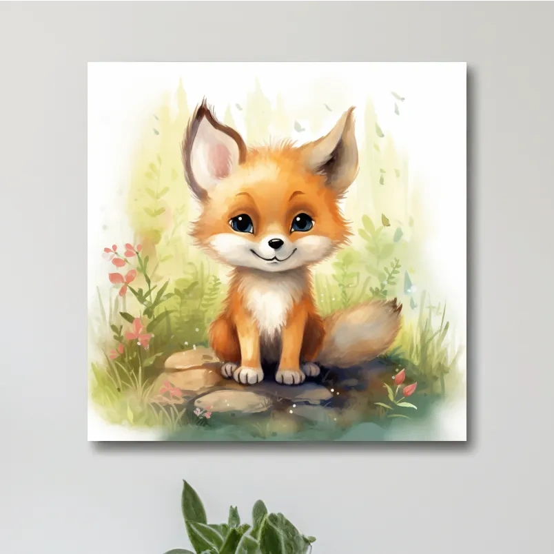 Watercolor nursery art painting, a cute baby fox cub sitting in the forest