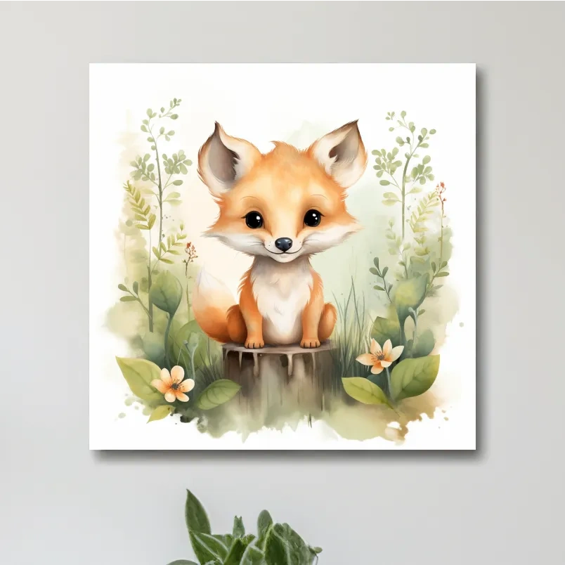 Watercolor nursery art illustration, a cute fox cub sitting on a log