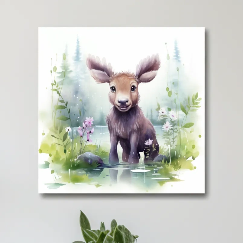 Watercolor painting of a cute baby moose in the forest, nursery art