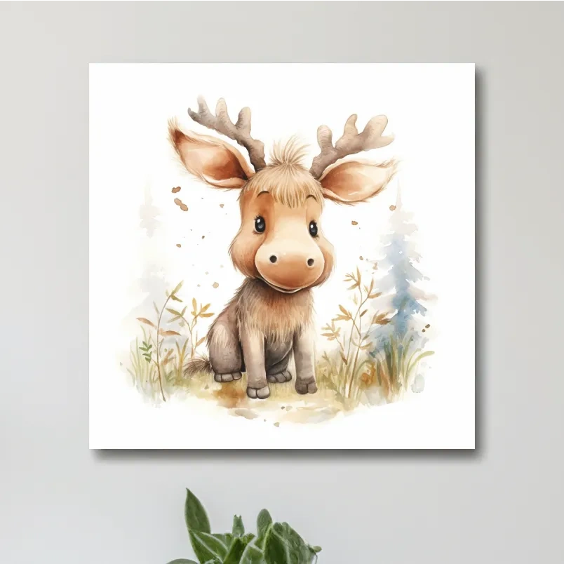 Watercolor illustration, a cute baby moose in the forest, nursery art