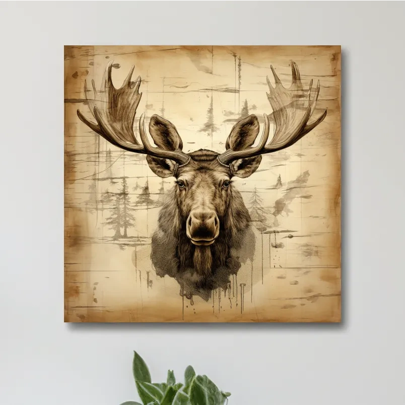 Vintage style art, moose head on wood print