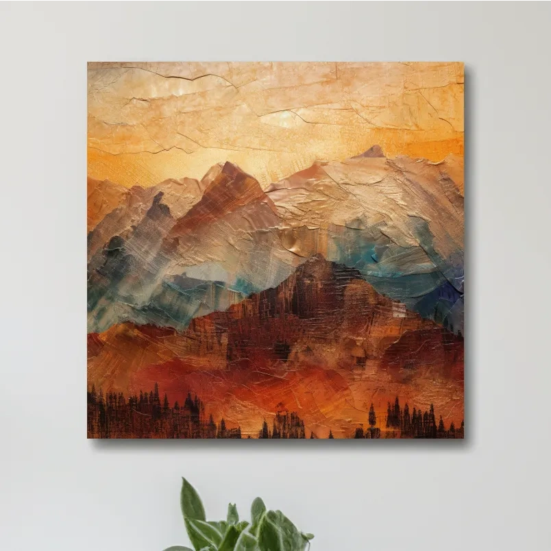 Rustic textured painting effect artwork of mountains at sunset
