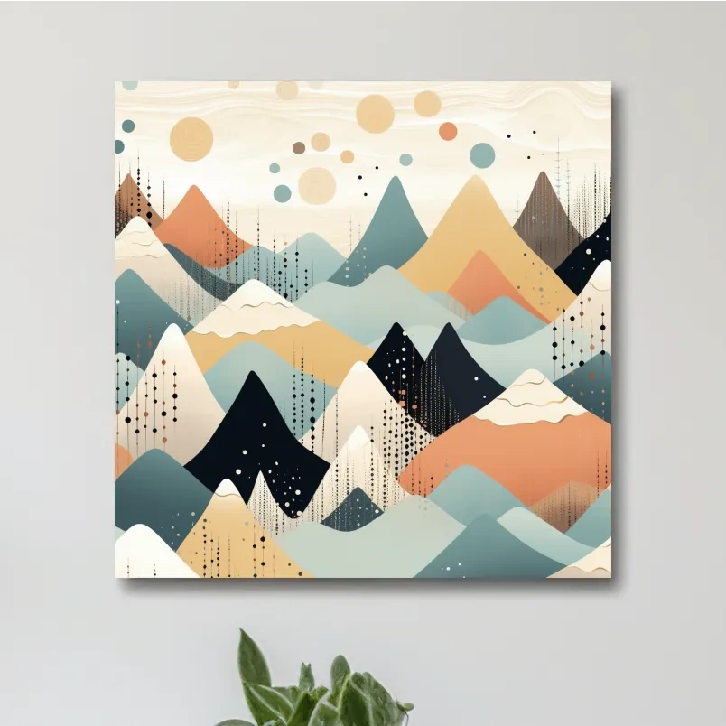 Mid-century bohemian art, pastel mountain patterns