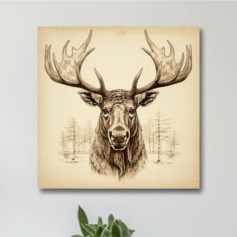 Vintage portrait style pencil drawing of a moose head