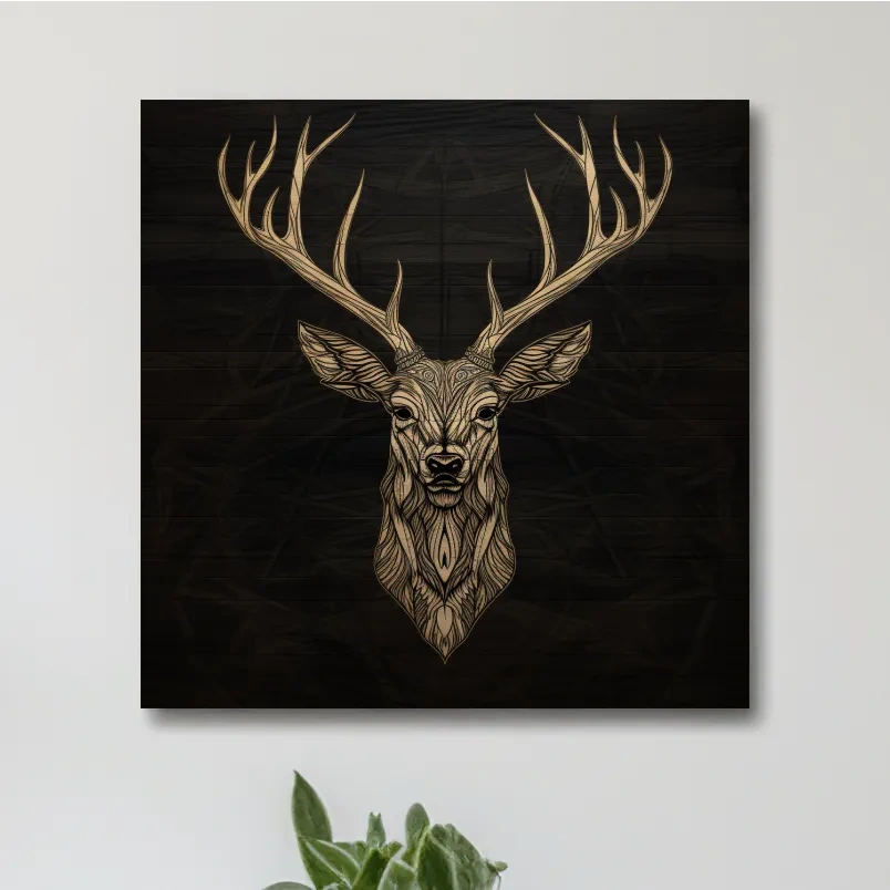 Elegant Geometric Deer Head Line Art - Rustic Woodcut Style Wildlife Artwork