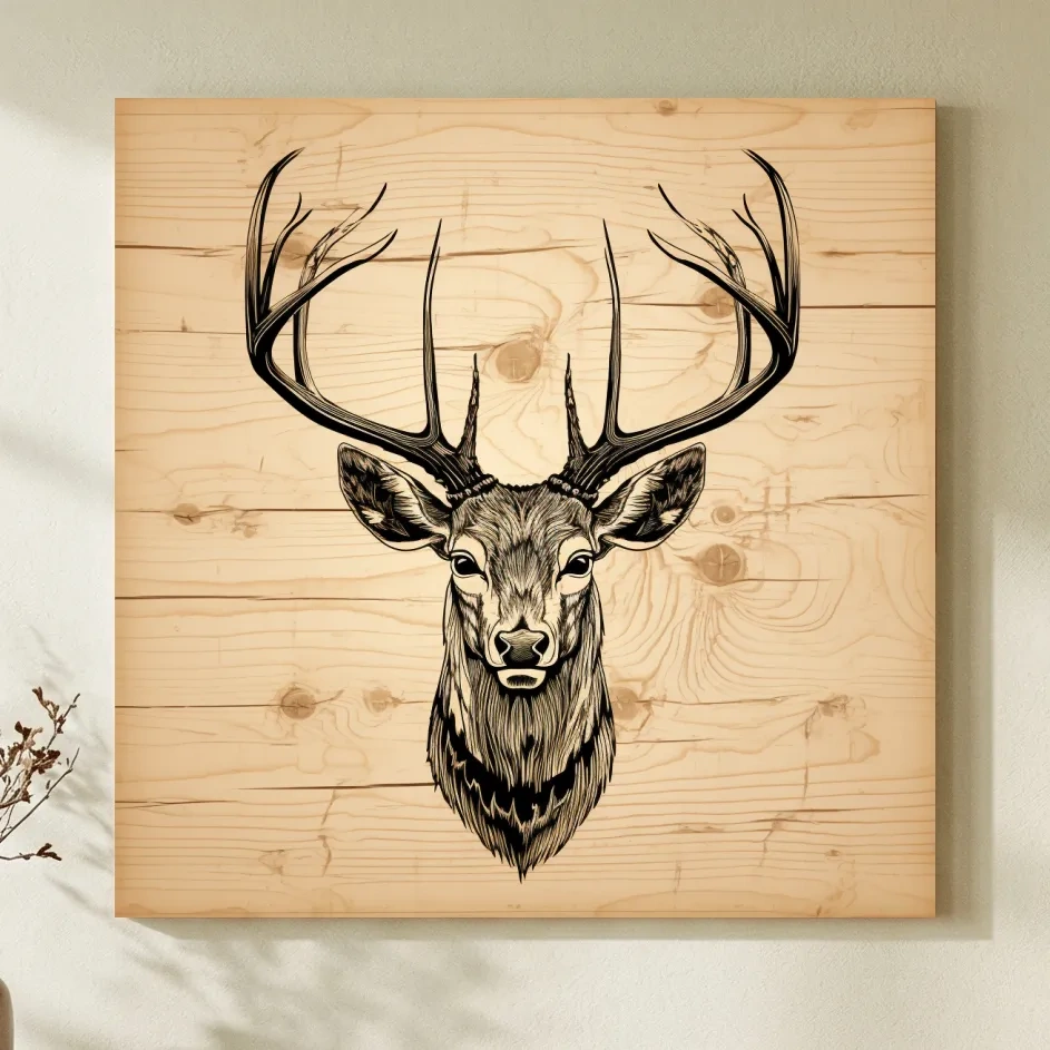 Rustic Engraved Wood Deer Head Illustration - Lodge Wildlife Wall Art