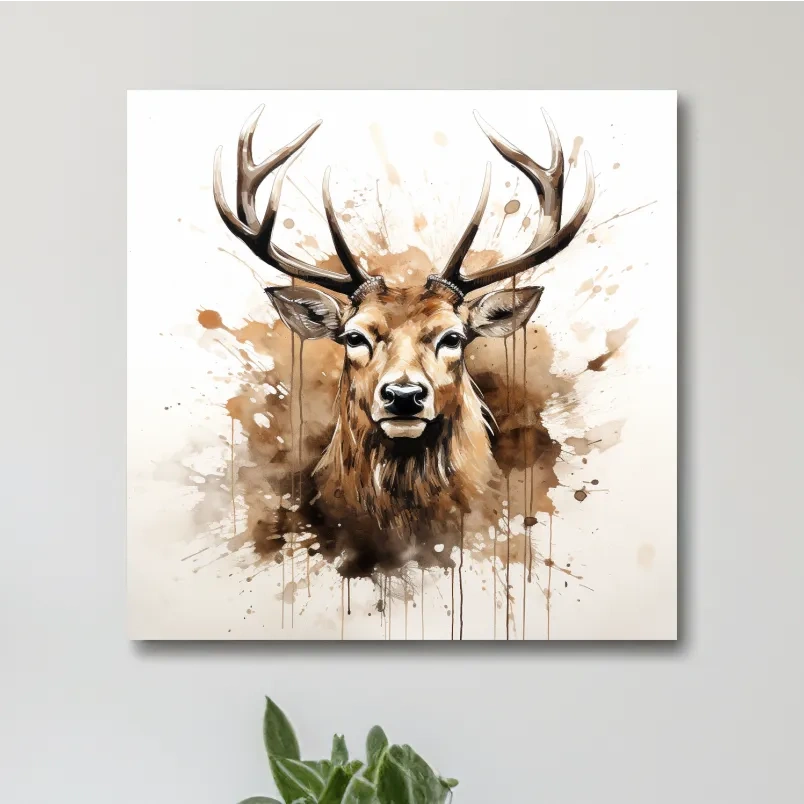 Splattered watercolour painting of a deers head