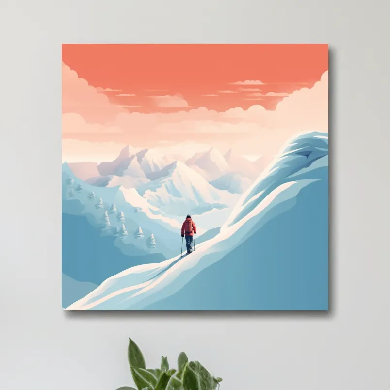 Minimalist Backcountry Skier Illustration - Pastel Alpine Landscape Wall Art