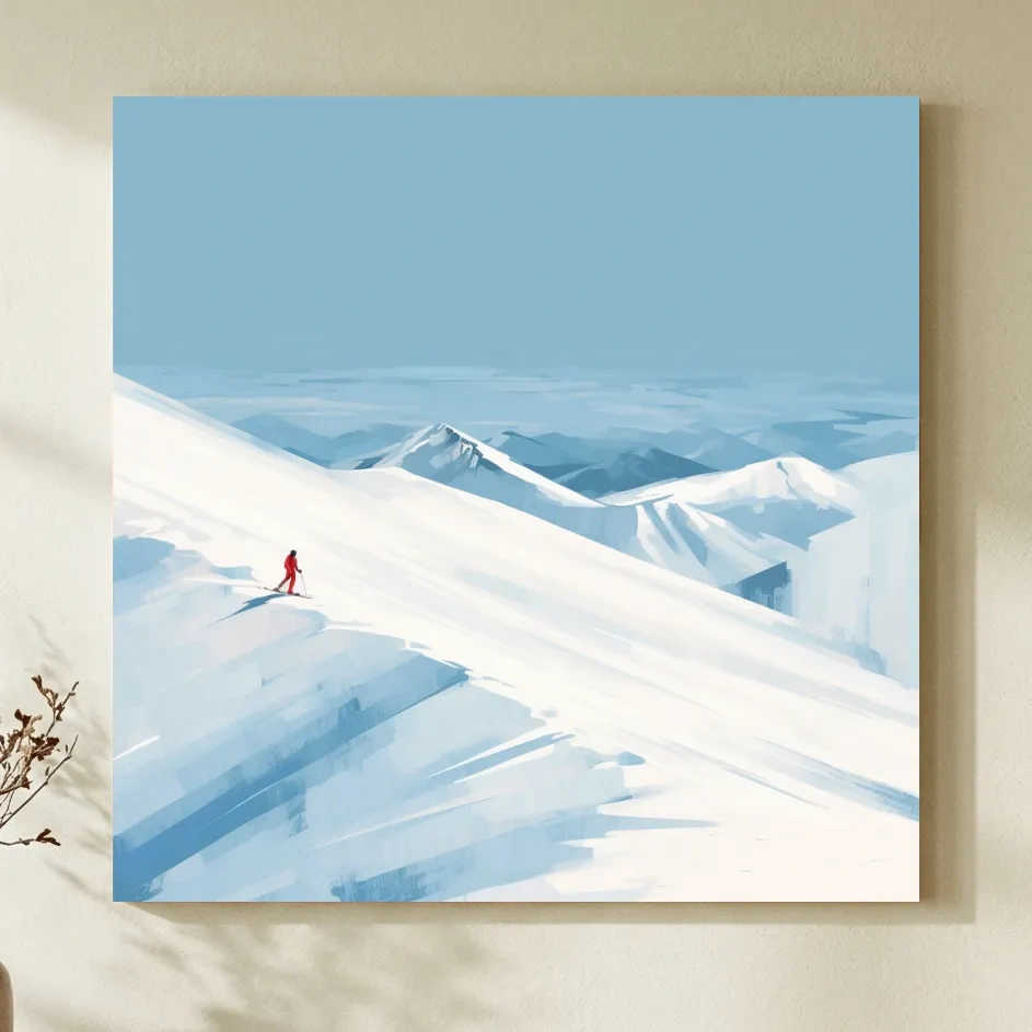 Backcountry skier painting artwork, simple minimalist style