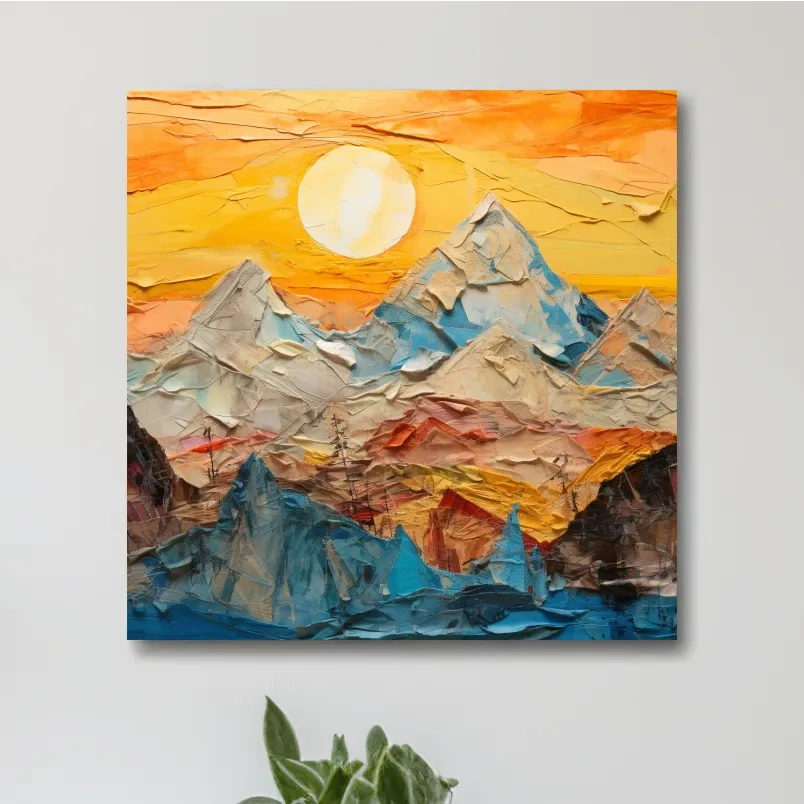 Textured Collage Mountain Sunrise Painting - Warm Abstract Landscape Wall Art