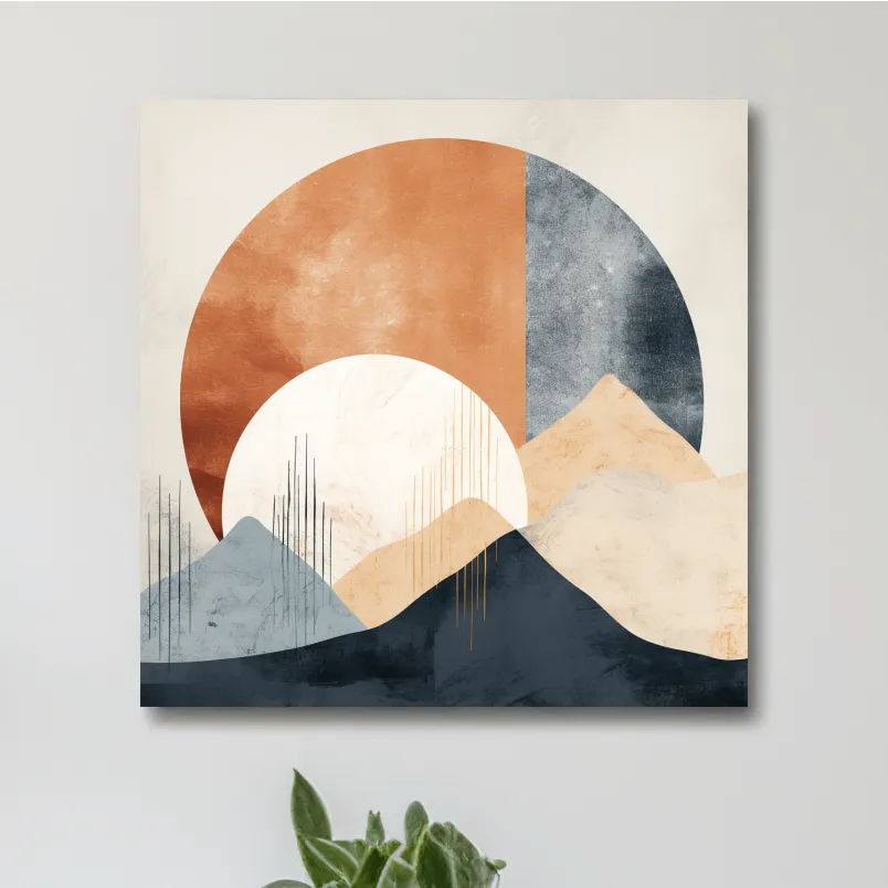Abstract shapes forming mountains, mid century style artwork, earthy tones