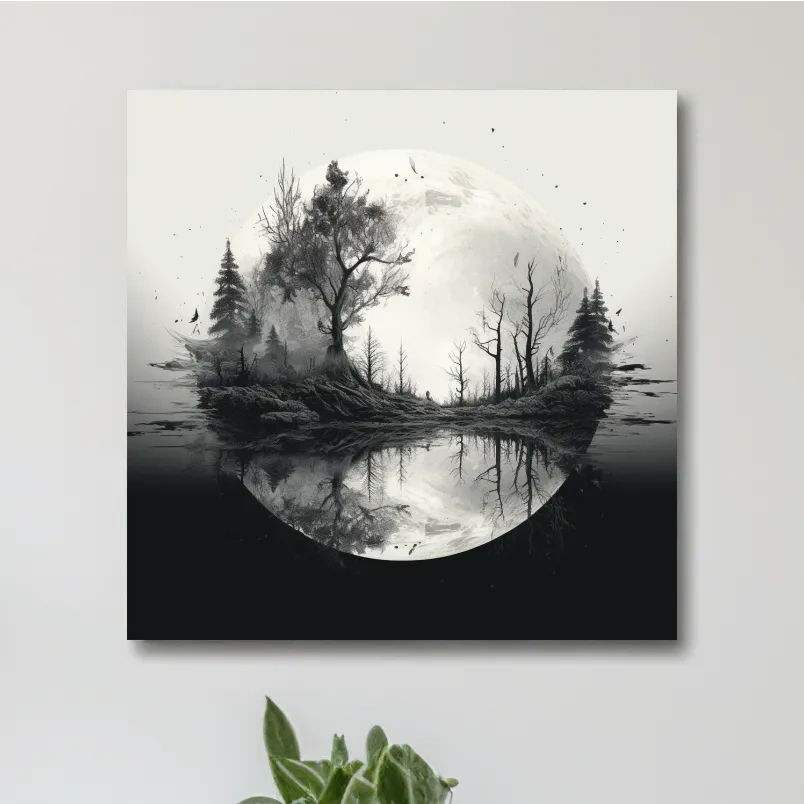 Surreal double exposure moon and forest drawing artwork