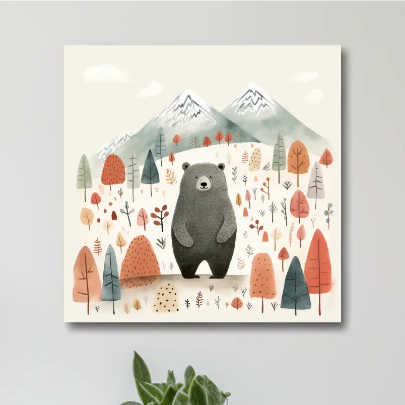 Nursery storybook art illustration of a black bear in the forest