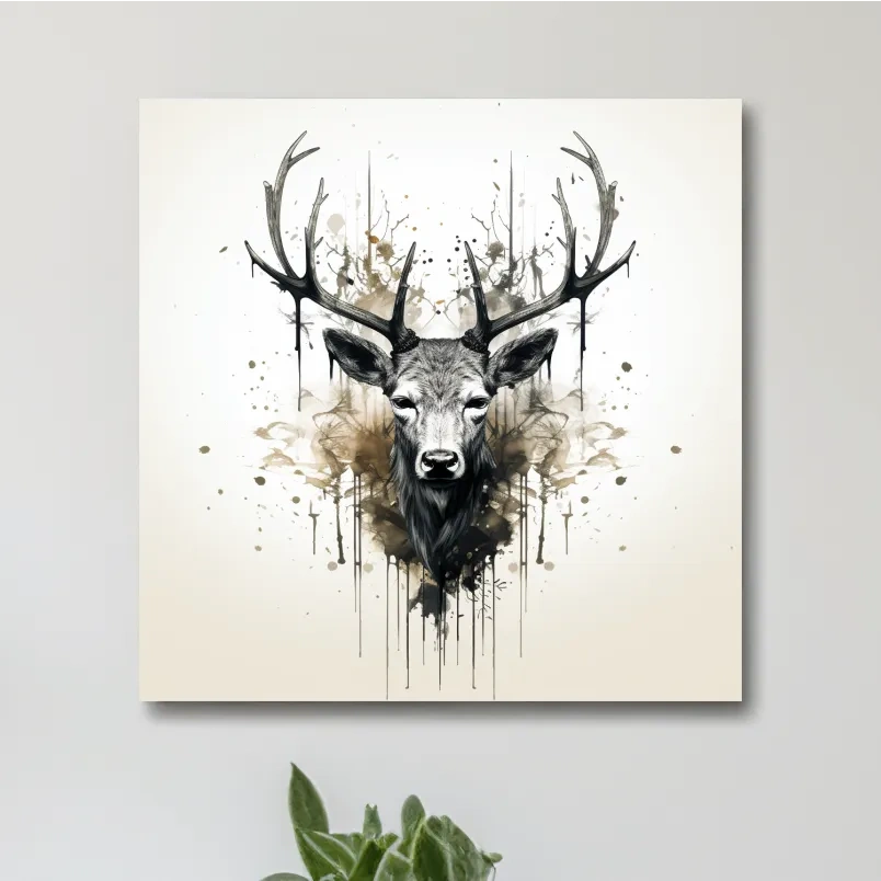 Watercolor Stag Portrait Rorschach Ink Splatter - Rustic Wildlife Artwork