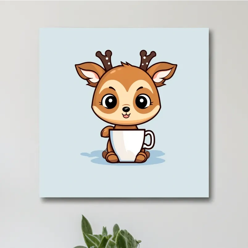 Cartoon illustration of a cute baby deer having morning coffee
