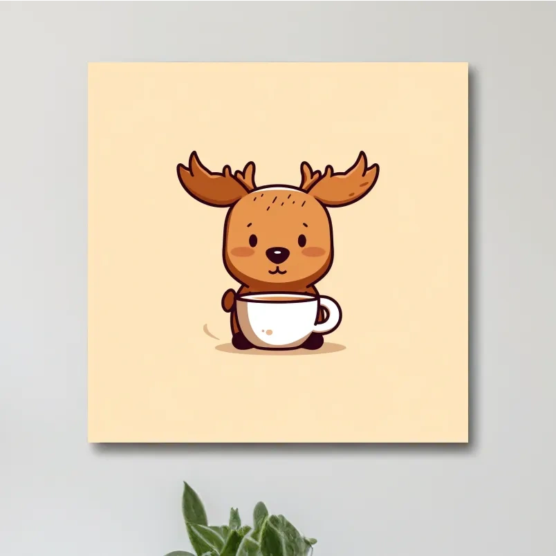 Cartoon illustration of a happy baby moose drinking coffee