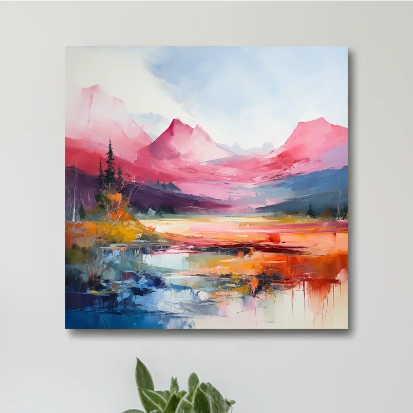 Abstract impressionist painting of an alpine mountain scene