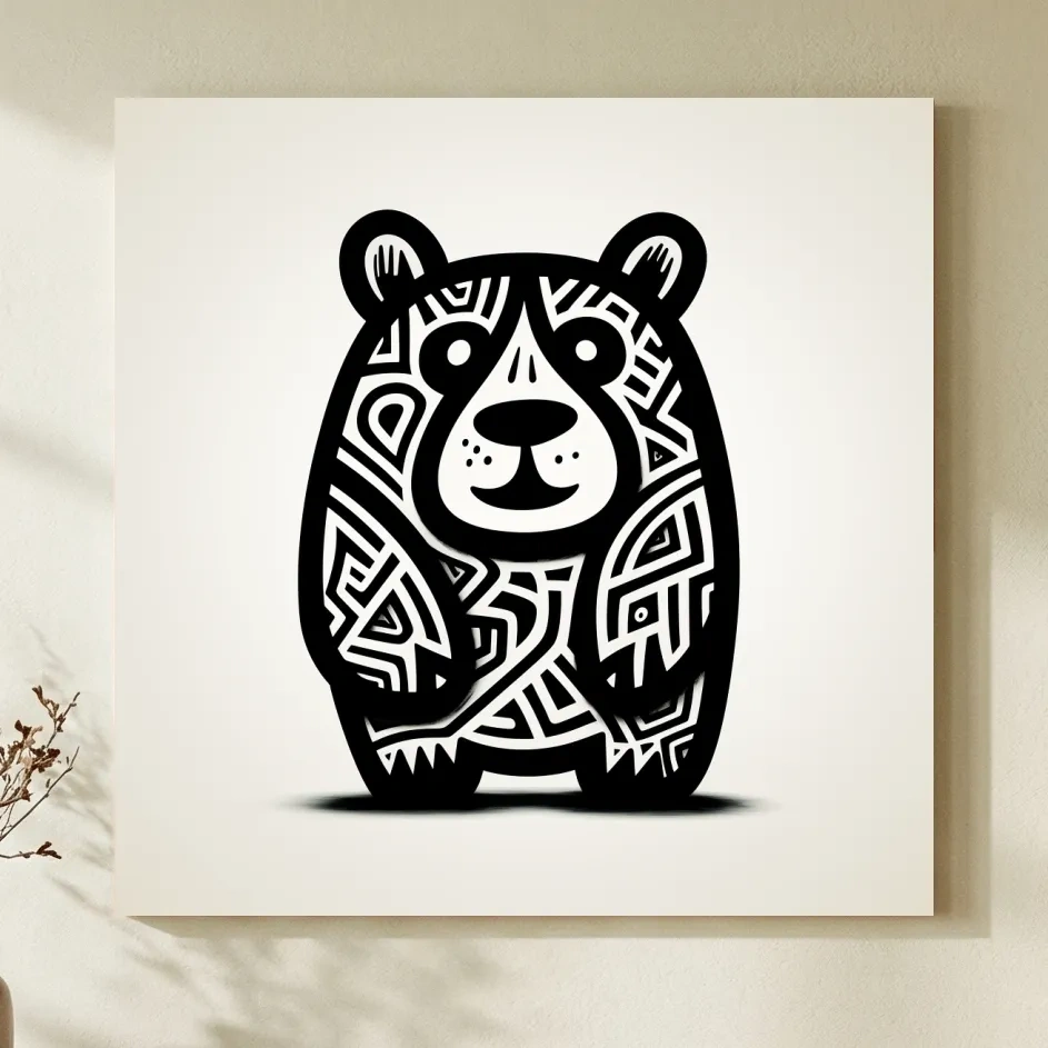 Tribal Cartoon Bear Illustration - Minimalist Black And White Wildlife Wall Art