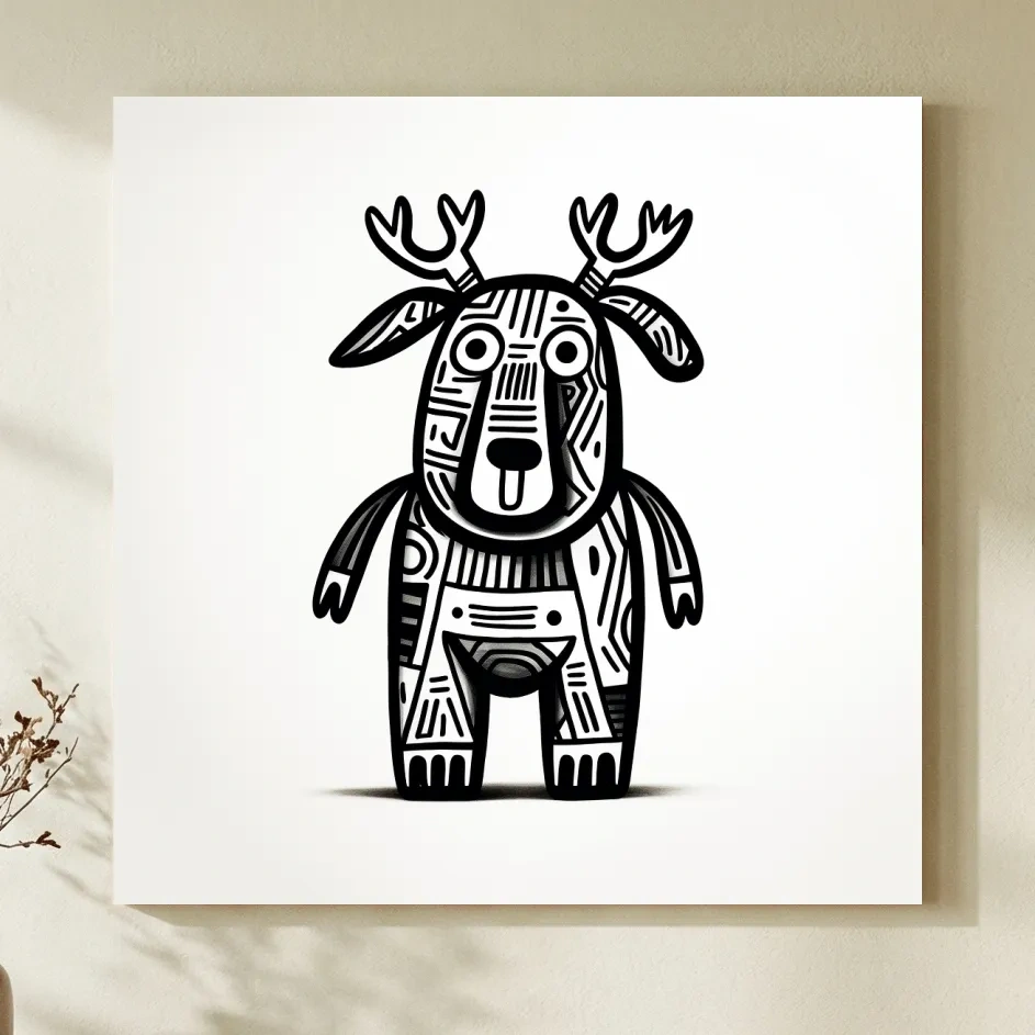 Whimsical Tribal Deer Illustration - Quirky Black And White Animal Wall Art