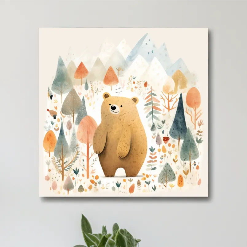 Cute Watercolor Bear In Mountain Forest - Whimsical Nursery Wall Art