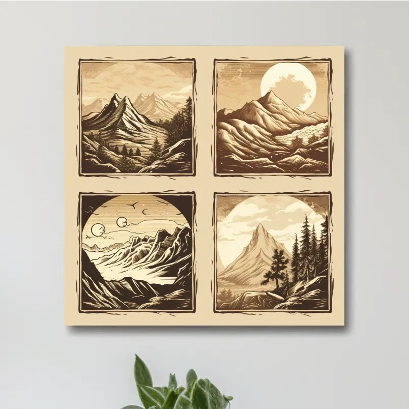 4x4 grid alpine mountain artwork, vector style illustrations, sepia tone