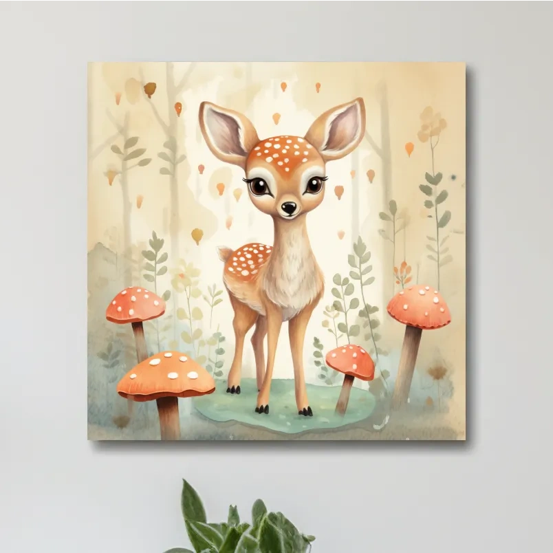 Nursery art, illustration of a cute baby fawn in the forest