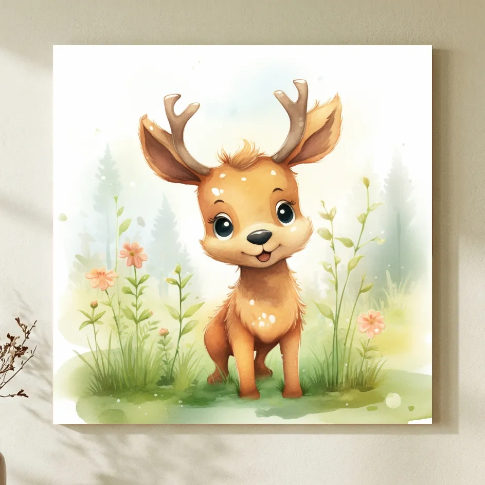 Cute Watercolor Baby Deer Illustration - Woodland Nursery Animal Wall Art