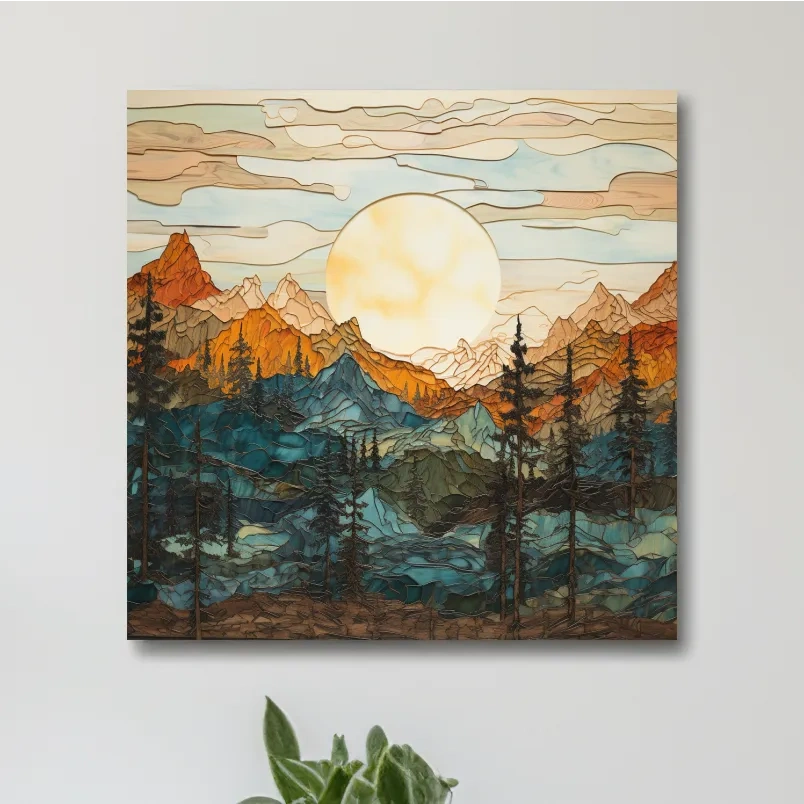 Sunset over the alpine forest mountain art, leadlight stained glass style