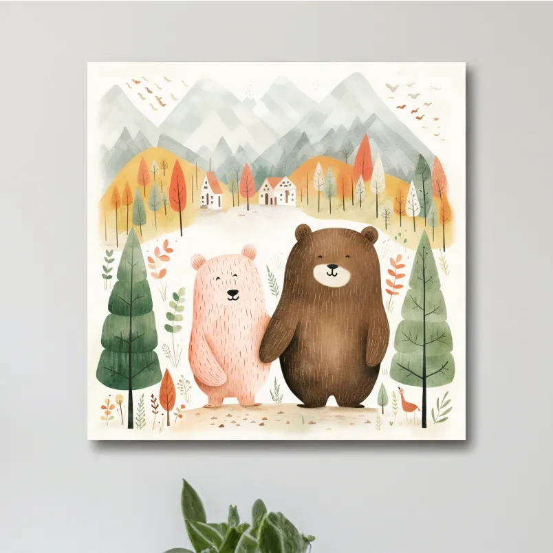 Cute storybook nursery art, bears holding hands in the mountains