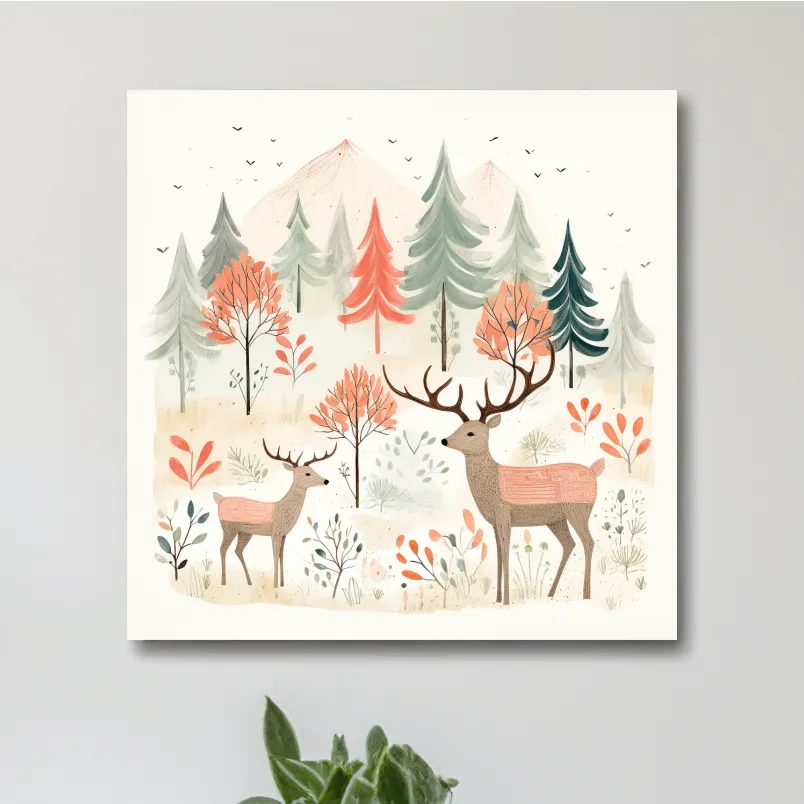 Storybook nursery art illustration, deer family in the forest