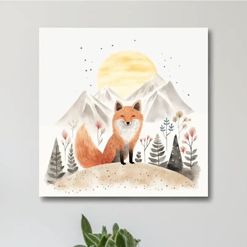 Cute quirky storybook nursery art, a happy fox in the mountains
