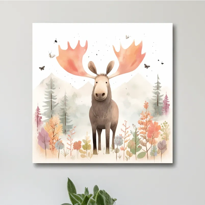 Whimsical Watercolor Moose In Pastel Forest - Storybook Nursery Animal Wall Art