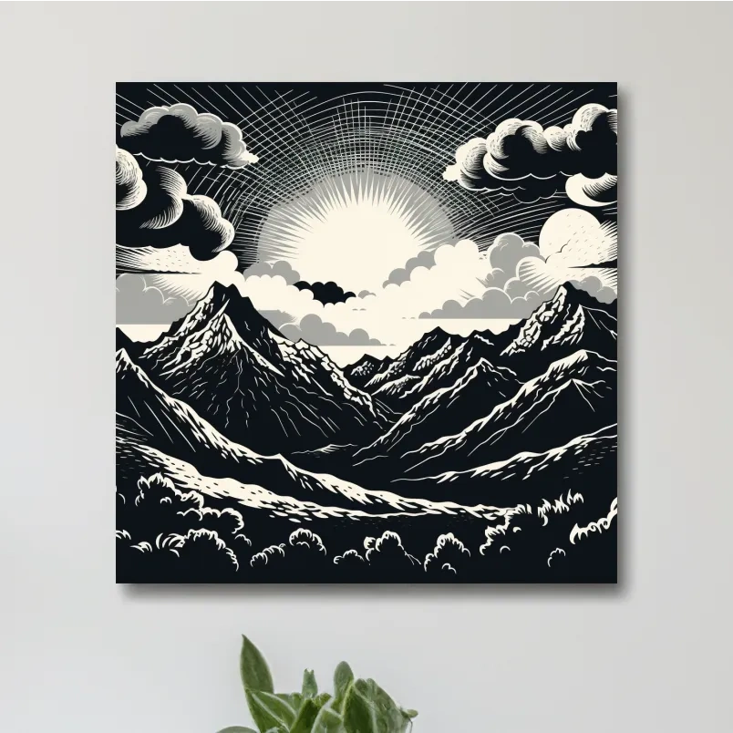 Sunset over mountain ranges, linocut style black & white artwork