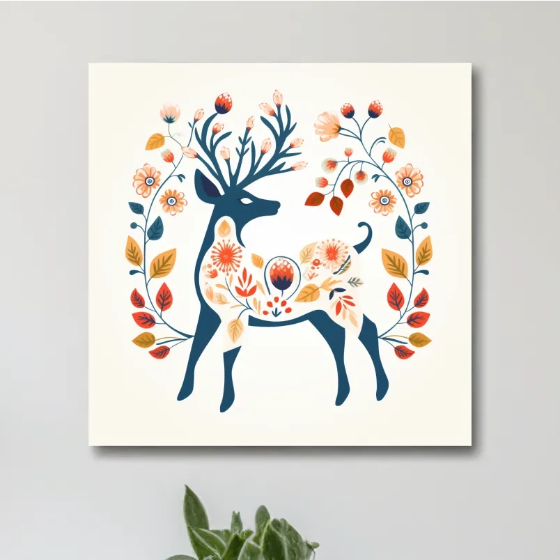 Deer and flowers print, folk style artwork