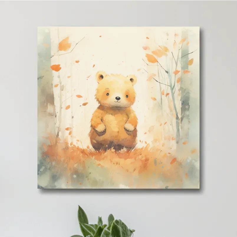 Cute bear cub in the forest, nursery watercolour style illustration art