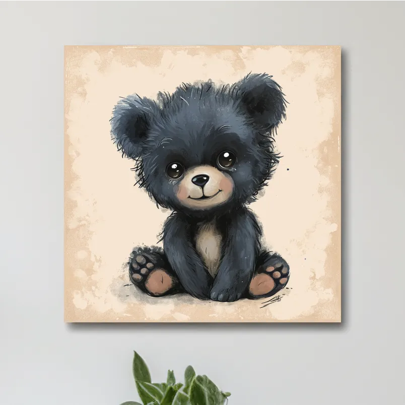 Nursery artwork, painting of a cute baby black bear cub
