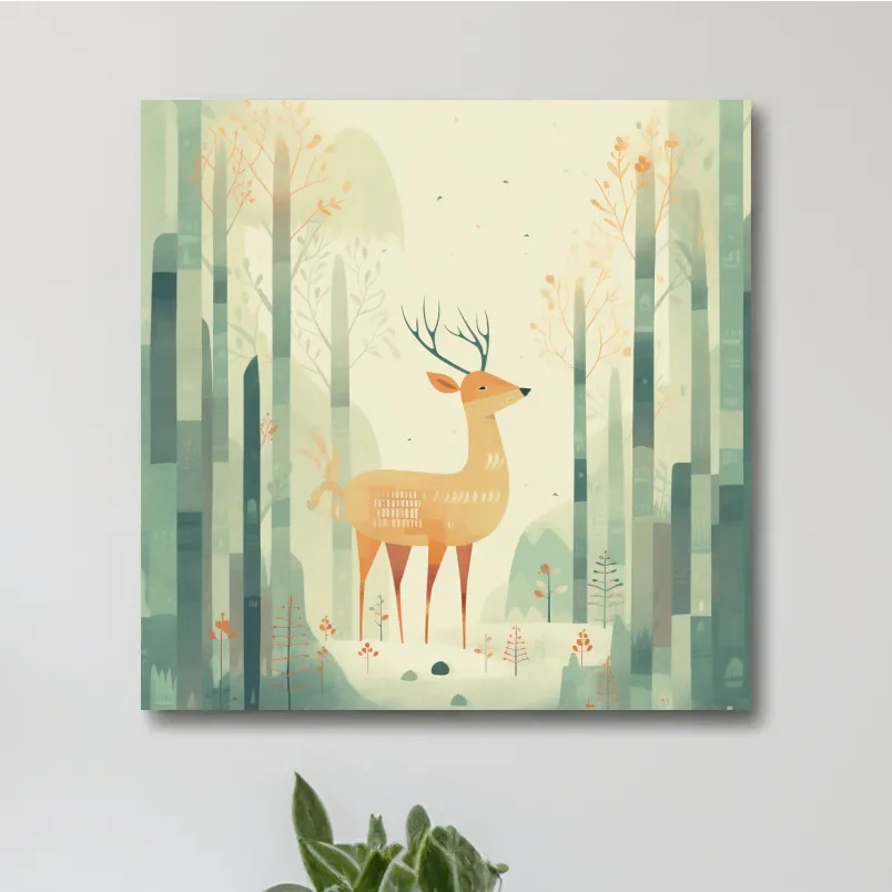Whimsical Deer In Misty Forest - Minimalist Woodland Nursery Wall Art