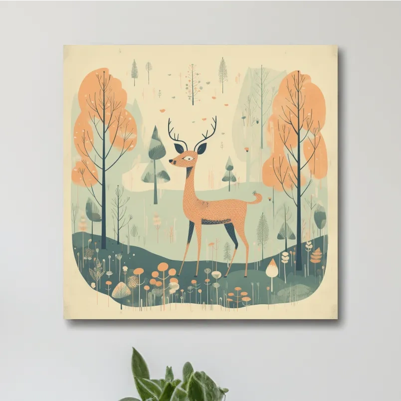 Deer artwork illustration for a nursery, folk art style
