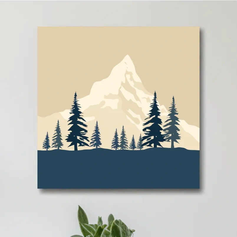 Treeline before the glacier, simple flatcolour 2d rustic mountain artwork