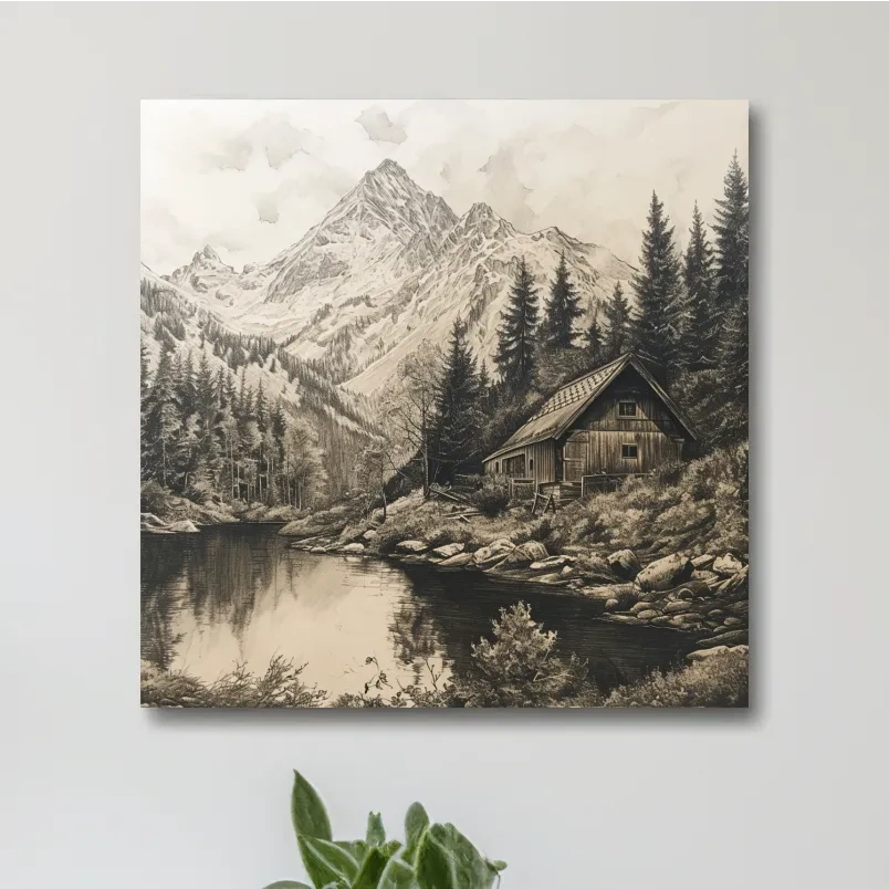 Lead pencil drawing artwork of a cabin on an alpine lake