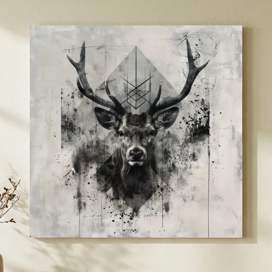 Tribal Monochrome Deer Stag Portrait - Tattoo Style Wildlife Wall Art