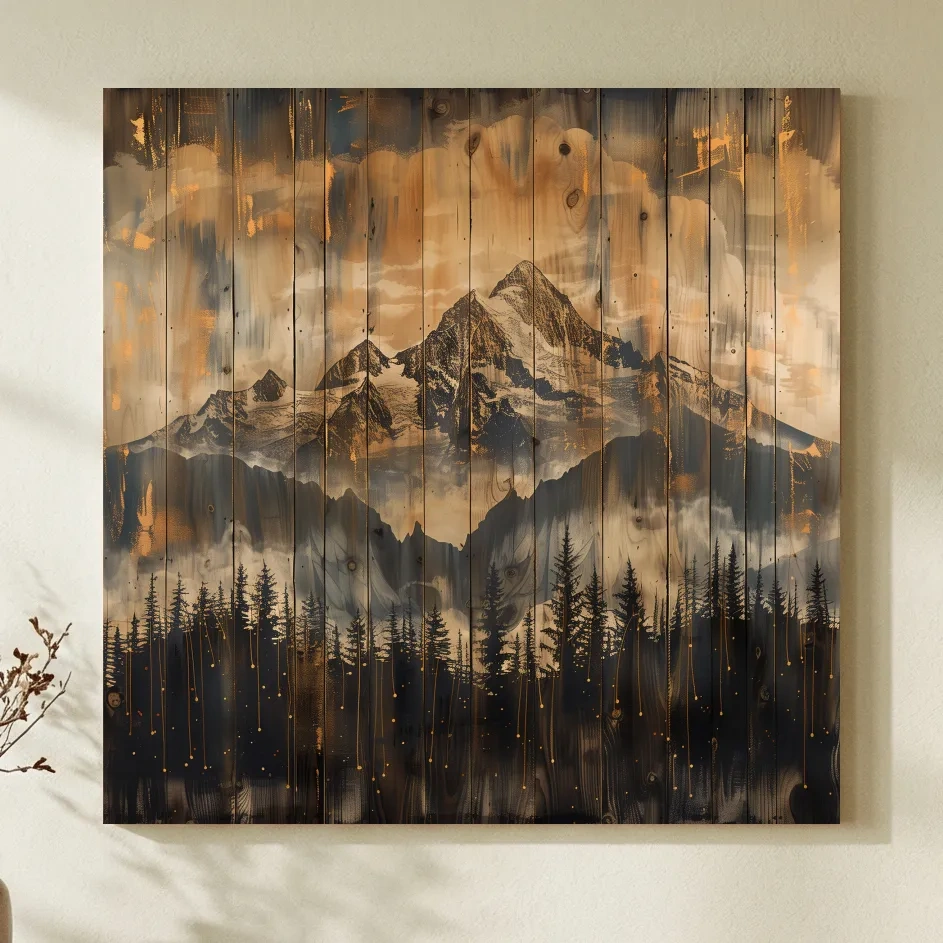 Rustic Mountain Range Over Pine Forest - Vintage Wood Panel Style Landscape Artwork