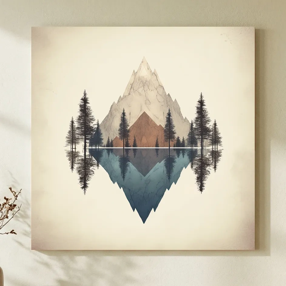 Minimalist Geometric Mountain Lake Reflection - Pine Forest Landscape Wall Art