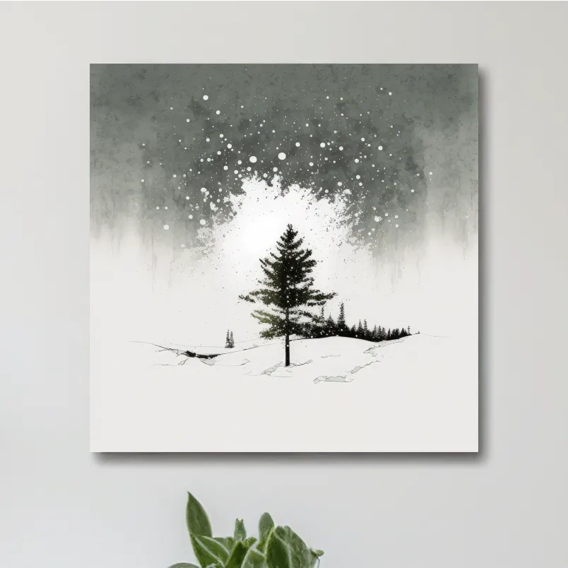 Minimal black and white art painting, lonely winter tree in the snow